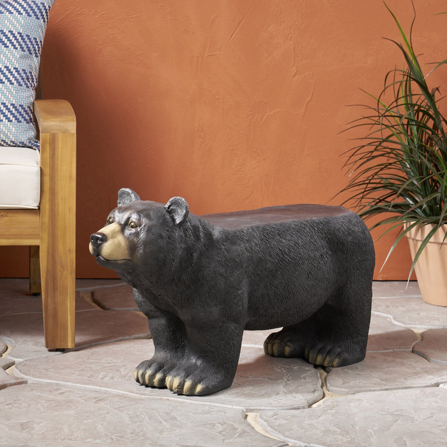 MGO Bear Bench concrete outdoor sculpture featuring a large black bear as bench base on Tampa Home & Garden Store