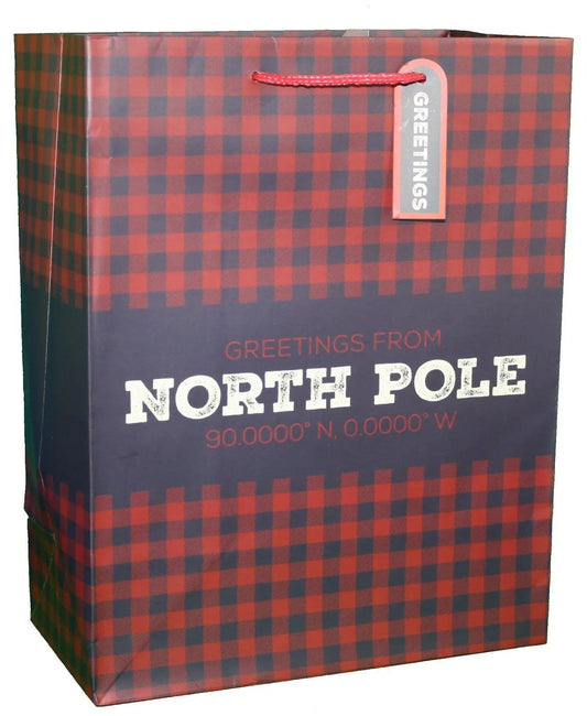 Gift bag North Pole design, rustic Christmas, large red plaid with rope handle on Tampa Home & Garden Store