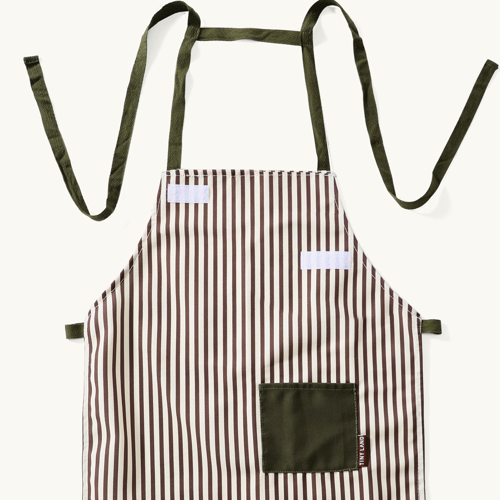 Tiny Land BistroSwitch Play Kitchen apron with brown stripes, green straps, front pocket on Tampa Home & Garden Store