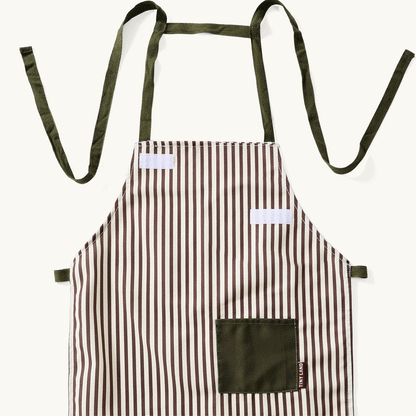 Tiny Land BistroSwitch play kitchen apron with brown and white stripes and green straps on Tampa Home & Garden Store