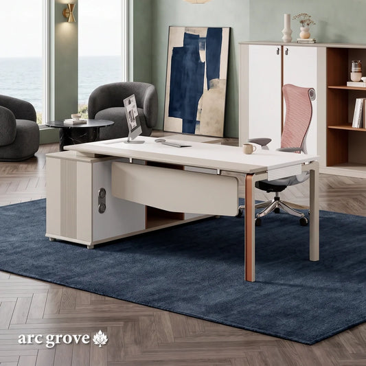 Westney Modern L-Shaped Executive Desk by Arc Grove in white with copper accent legs on Tampa Home & Garden Store