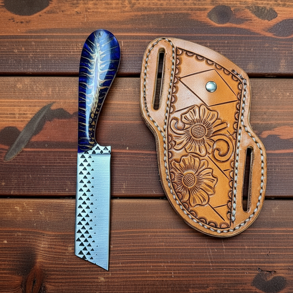 The Ponderosa bull cutter knife with rasp steel blade and blue epoxy resin handle leather sheath on Tampa Home & Garden Store