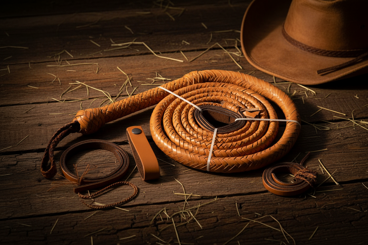 Genuine cowhide stock whip, tan leather bull whip, coiled on rustic wooden floor on Tampa Home & Garden Store