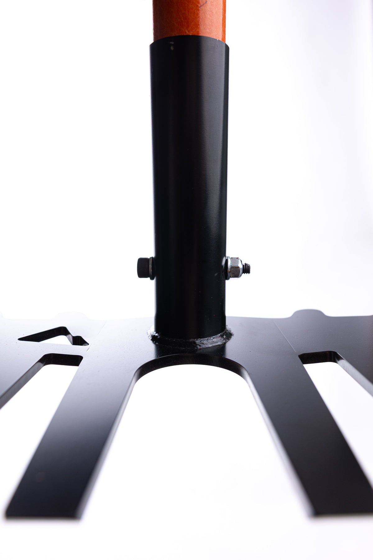 Weston rake pole by Backslope Tools, black metal shaft with orange top and mounting bolts on Tampa Home & Garden Store