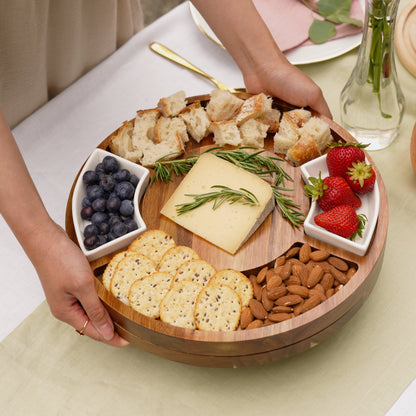 Acacia Rotating Charcuterie Board and Ceramic Dishes