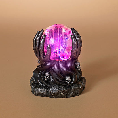 Six Inch Light Up Reaper Hands Plasma Glow figurine with purple orb and skulls on base on Tampa Home & Garden Store