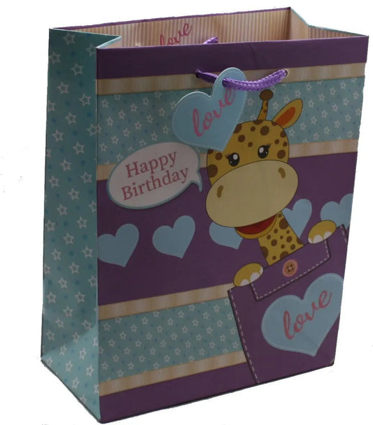 Pocket Giraffe Gift Bag with Birthday Wishes featuring a cute giraffe and teal star pattern on Tampa Home & Garden Store