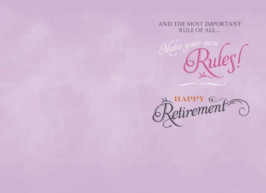 Retirement Rules greeting card on lavender purple background with pink Make your own Rules and Happy Retirement script on Tampa Home & Garden Store