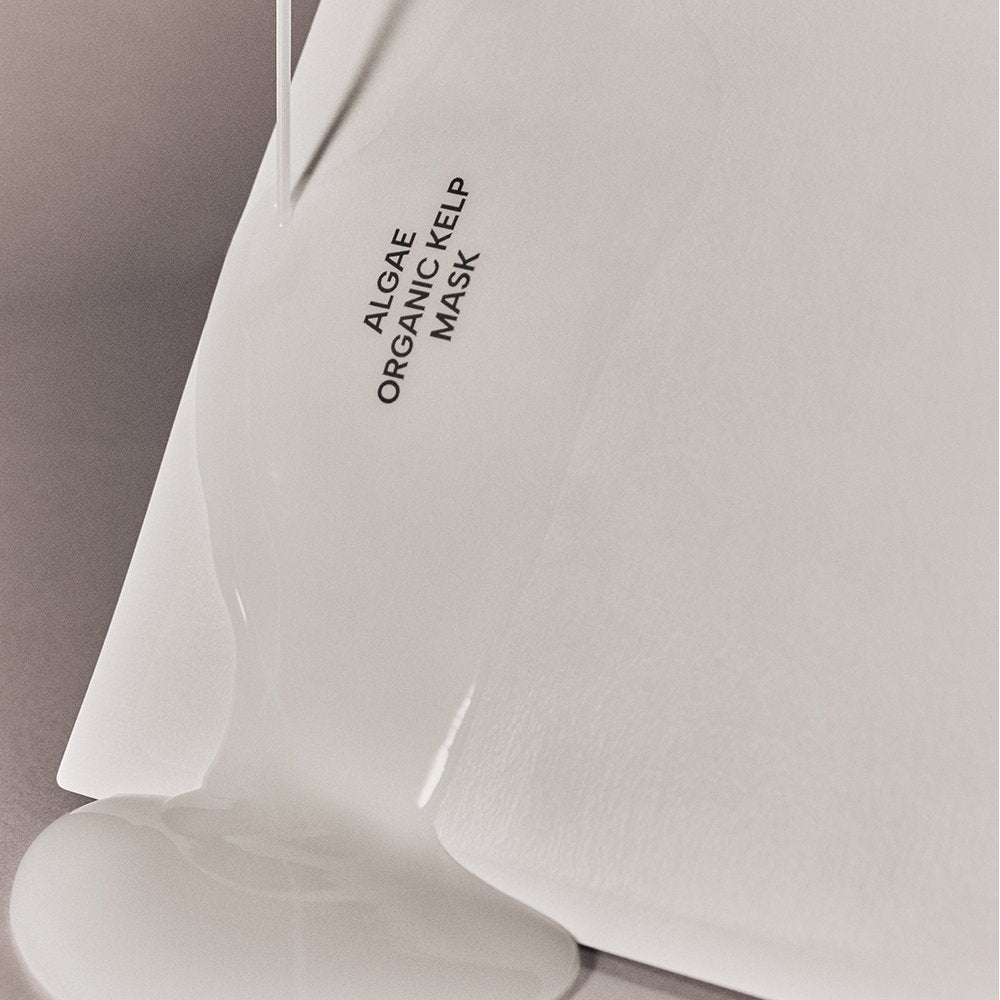 Facial mask packaging: Whamisa Organic Algae Kelp Mask, white pouch with black text Seoulia on Tampa Home & Garden Store