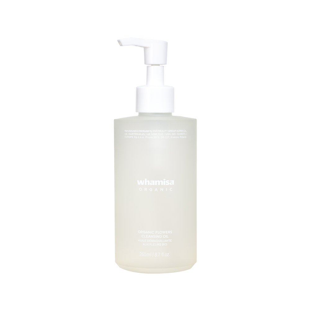 whamisa Organic Flowers Cleansing Oil bottle with white pump, 260ml on Tampa Home & Garden Store