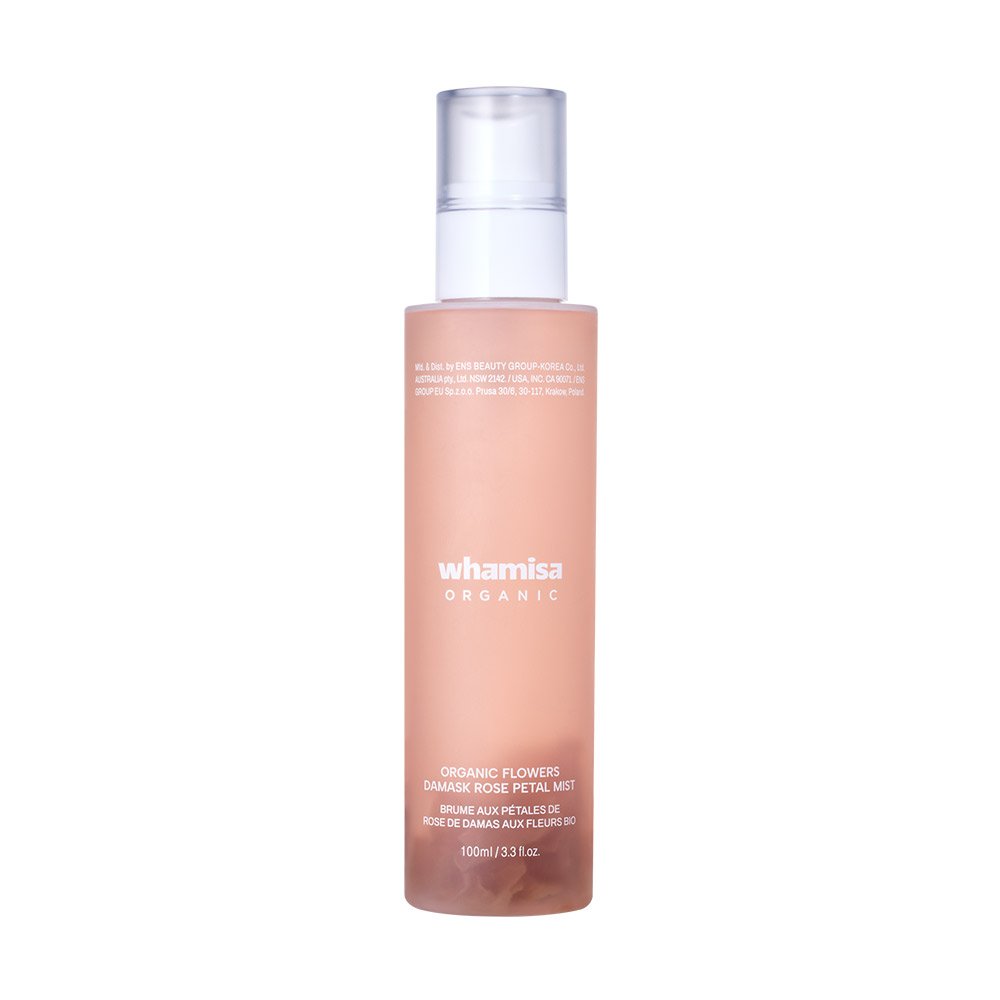 Whamisa Organic Flowers Damask Rose Petal Mist 100ml peach-colored spray bottle on Tampa Home & Garden Store