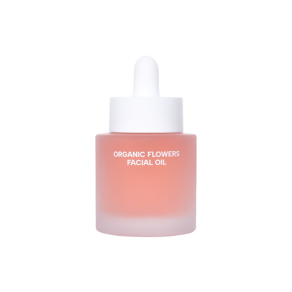 Organic Flowers Facial Oil bottle frosted pink glass white dropper cap 32ml Seoulia on Tampa Home & Garden Store