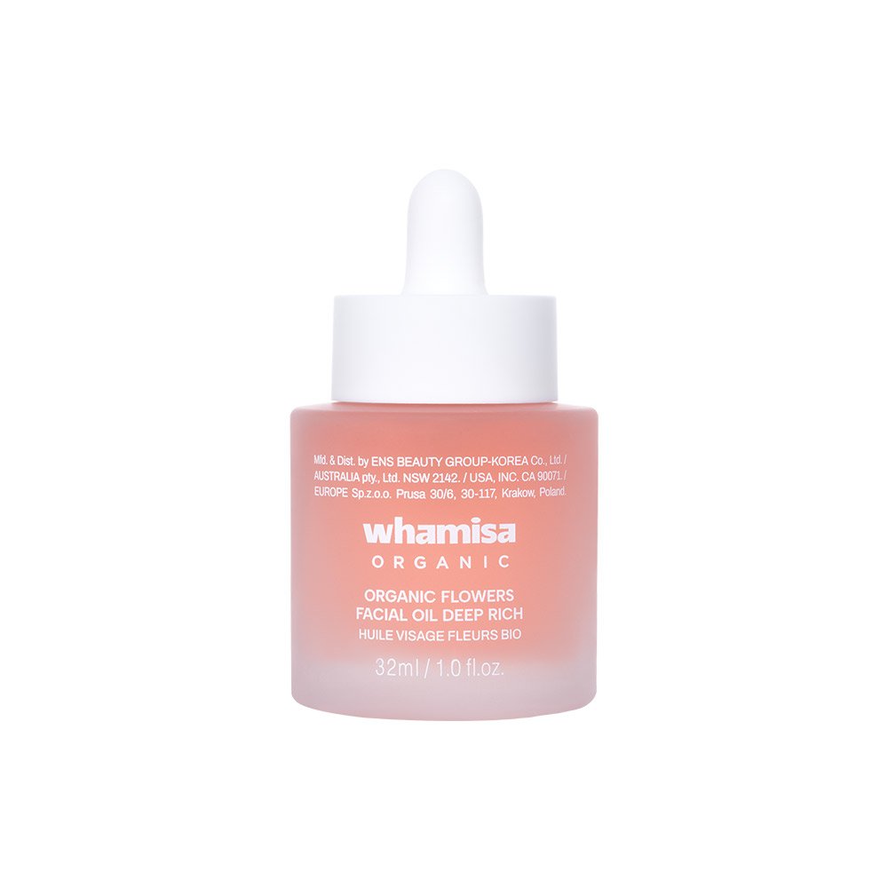 Whamisa Organic Flowers Facial Oil Deep Rich 32ml bottle with pink gradient dropper on Tampa Home & Garden Store