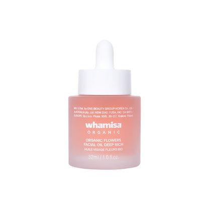 Whamisa Organic Flowers Facial Oil Deep Rich 32ml bottle with pink gradient dropper on Tampa Home & Garden Store
