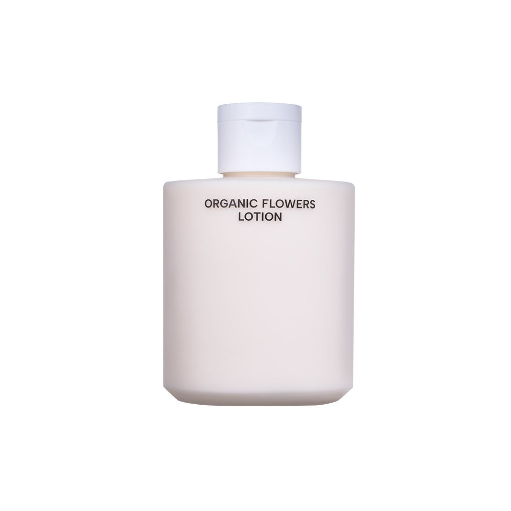 Organic Flowers Lotion bottle white/pale pink with white cap 200ml face moisturizer on Tampa Home & Garden Store