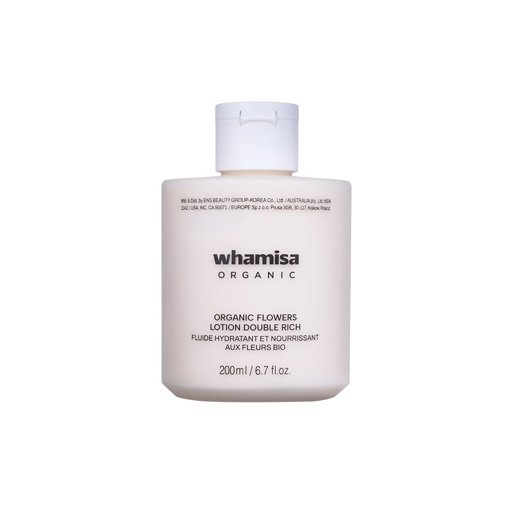 Whamisa Organic Flowers Lotion Double Rich 200ml bottle white plastic face moisturizer on Tampa Home & Garden Store
