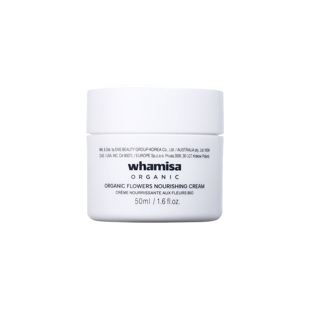 Whamisa Organic Flowers Nourishing Cream 50ml white jar facial moisturizer on Tampa Home & Garden Store