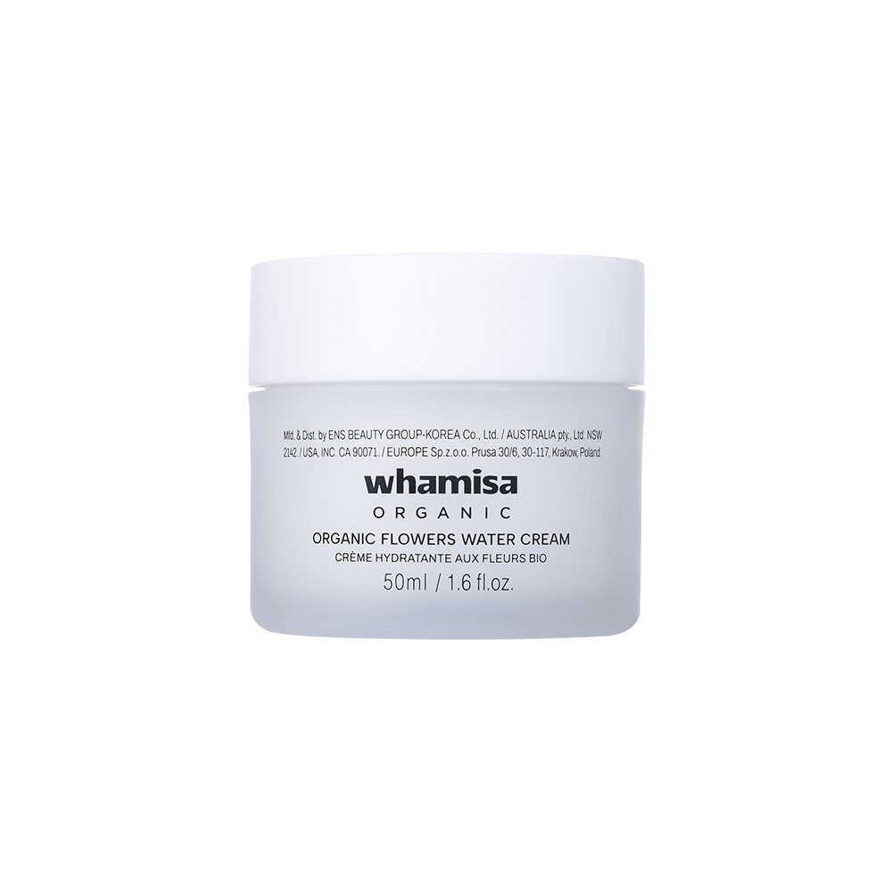 Whamisa Organic Flowers Water Cream 50ml jar, white frosted container, Seoulia face moisturizer on Tampa Home & Garden Store