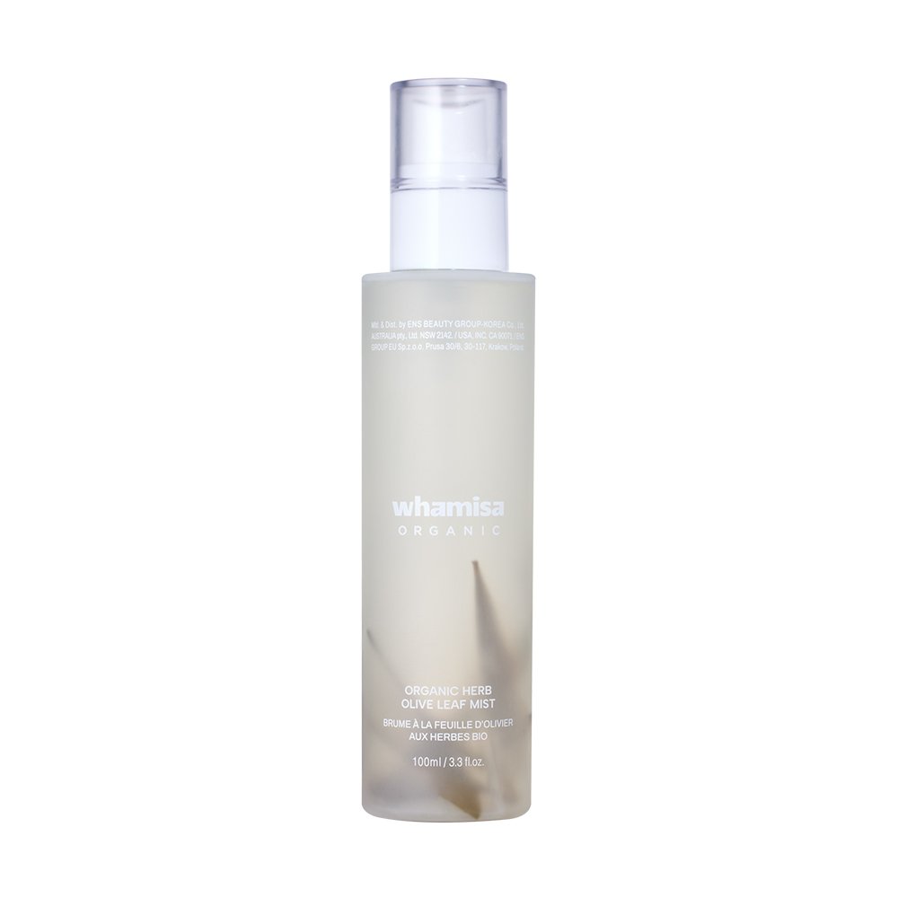 Whamisa Organic Herb Olive Leaf Mist 100ml spray bottle, frosted beige container, Seoulia toner on Tampa Home & Garden Store
