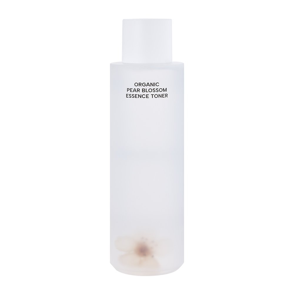 Whamisa Organic Pear Blossom Essence Toner bottle, white frosted container with small blossom on Tampa Home & Garden Store