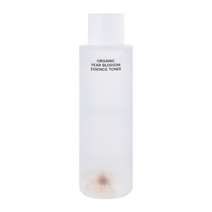 Whamisa Organic Pear Blossom Essence Toner bottle, white frosted container with small blossom on Tampa Home & Garden Store