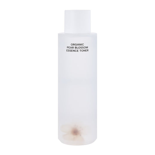 Whamisa Organic Pear Blossom Essence Toner bottle, white frosted container with small blossom on Tampa Home & Garden Store