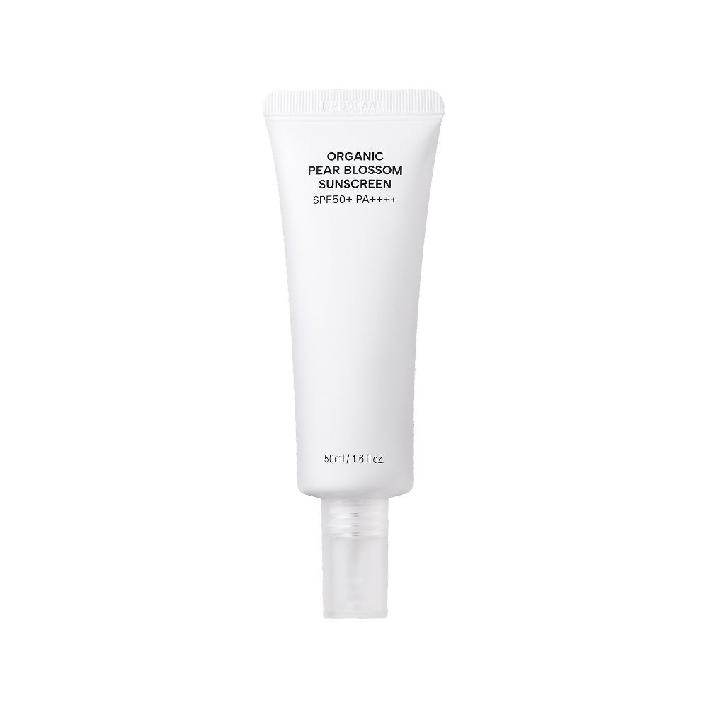 Whamisa Organic Pear Blossom Sunscreen tube, white squeeze bottle with SPF50+ PA++++, 50ml on Tampa Home & Garden Store