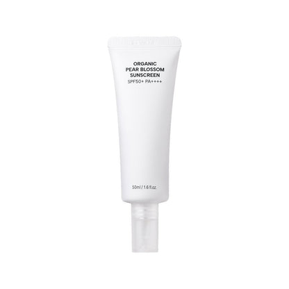 Whamisa Organic Pear Blossom Sunscreen tube, white squeeze bottle with SPF50+ PA++++, 50ml on Tampa Home & Garden Store
