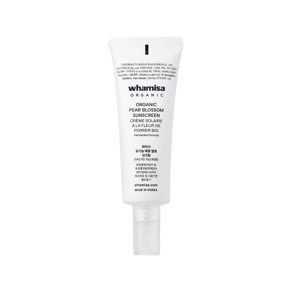 whamisa Organic Pear Blossom Sunscreen SPF50+ PA++++ 50ml white squeeze tube with black text on Tampa Home & Garden Store