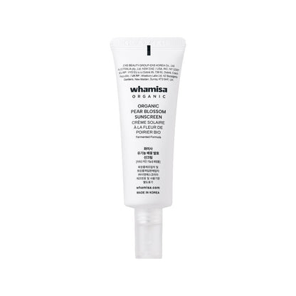whamisa Organic Pear Blossom Sunscreen SPF50+ PA++++ 50ml white squeeze tube with black text on Tampa Home & Garden Store