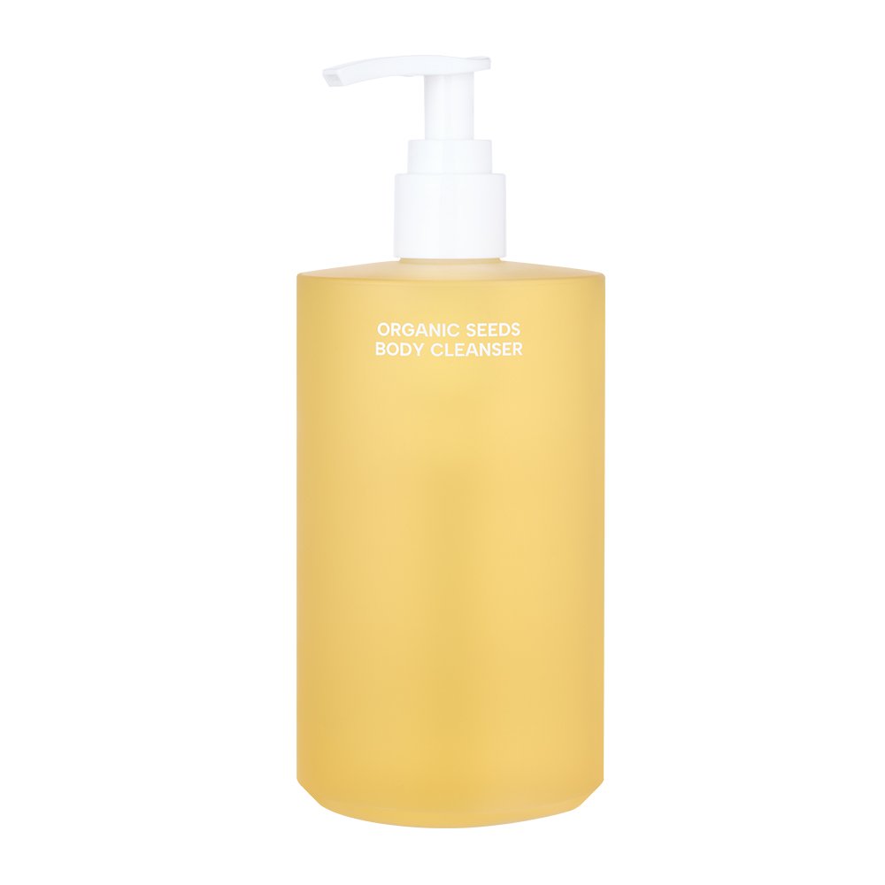 Organic Seeds Body Cleanser bottle in yellow plastic with white pump, 490ml Seoulia on Tampa Home & Garden Store