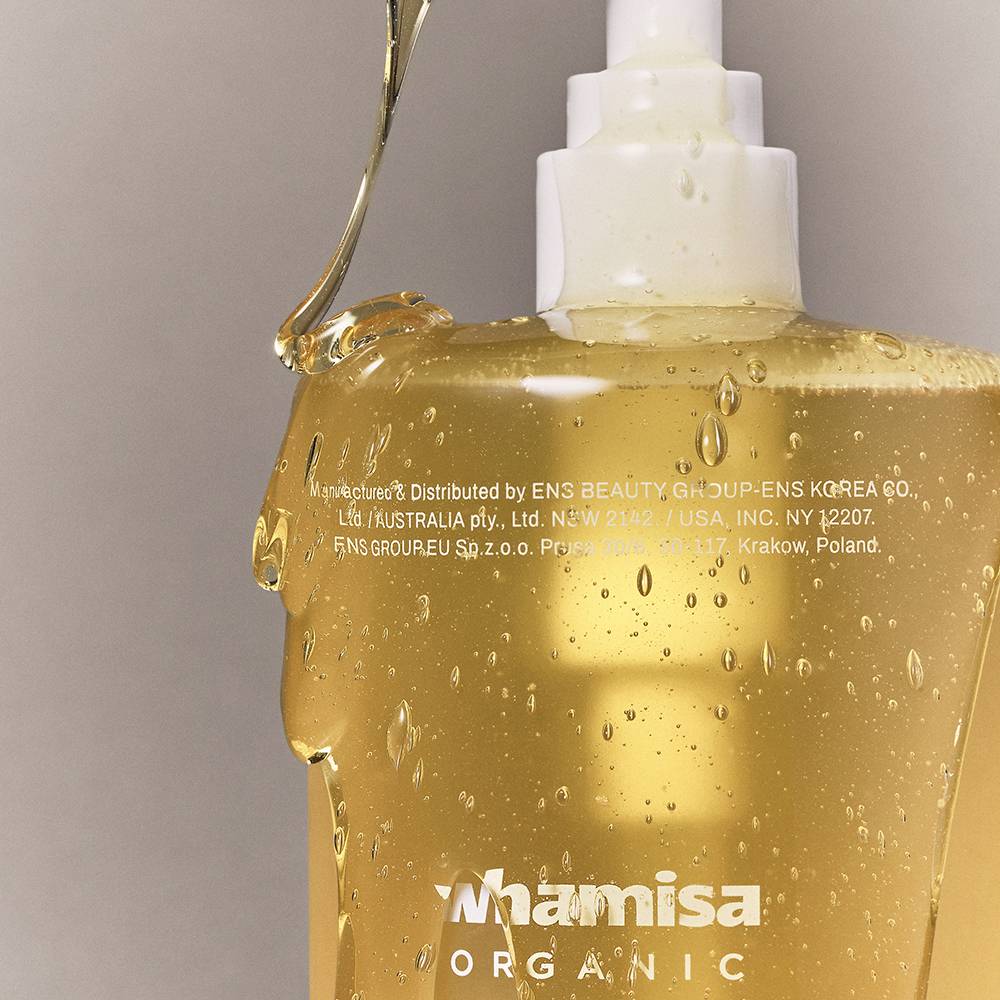 Whamisa Organic Seeds Body Cleanser 490ml body wash in clear pump bottle with golden gel on Tampa Home & Garden Store