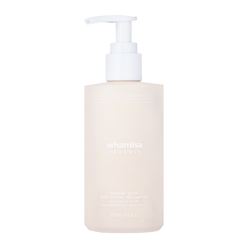 Whamisa Organic Seeds Body Lotion bottle, beige frosted plastic, 250ml on Tampa Home & Garden Store