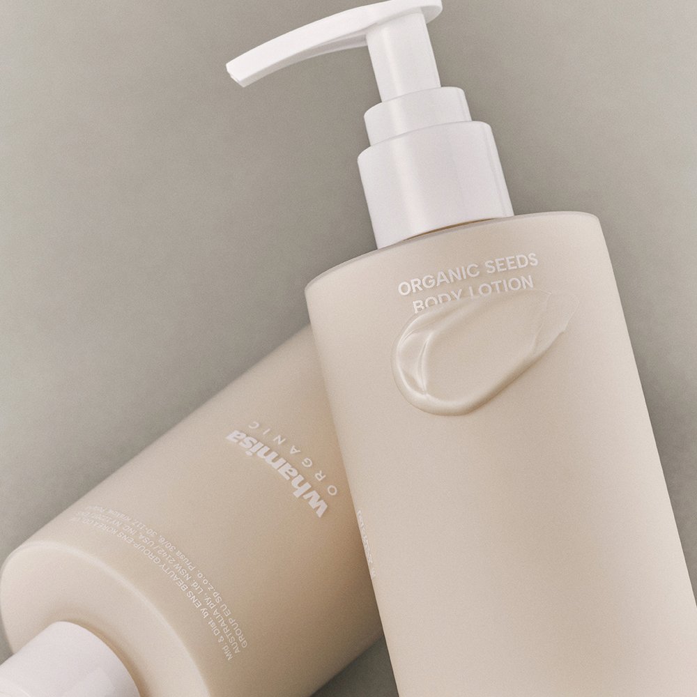 Whamisa Organic Seeds Body Lotion 250ml pump bottle beige finish pair on Tampa Home & Garden Store