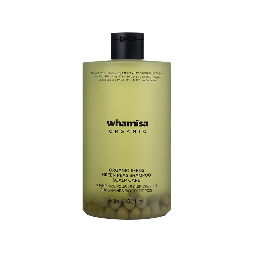 whamisa Organic shampoo bottle with olive-green label, Organic Seeds Green Peas Scalp Care 450ml on Tampa Home & Garden Store