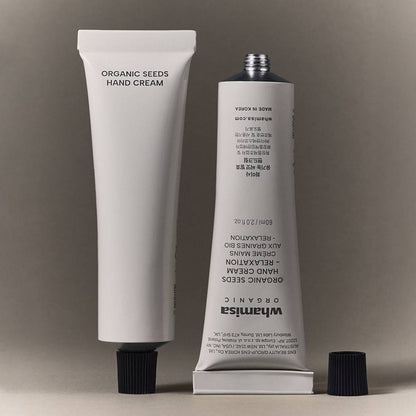 Whamisa Organic Seeds Hand Cream 60ml white squeeze tube with black cap, two tubes on Tampa Home & Garden Store