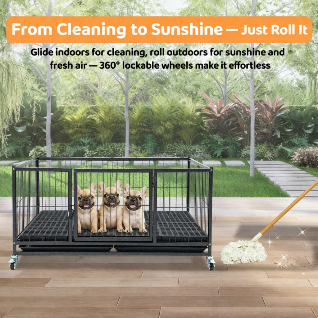 42" Stackable Dog Crate, black metal crate on wheels with three puppies inside on Tampa Home & Garden Store