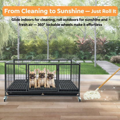 42" Stackable Dog Crate, black metal crate on wheels with three puppies inside on Tampa Home & Garden Store