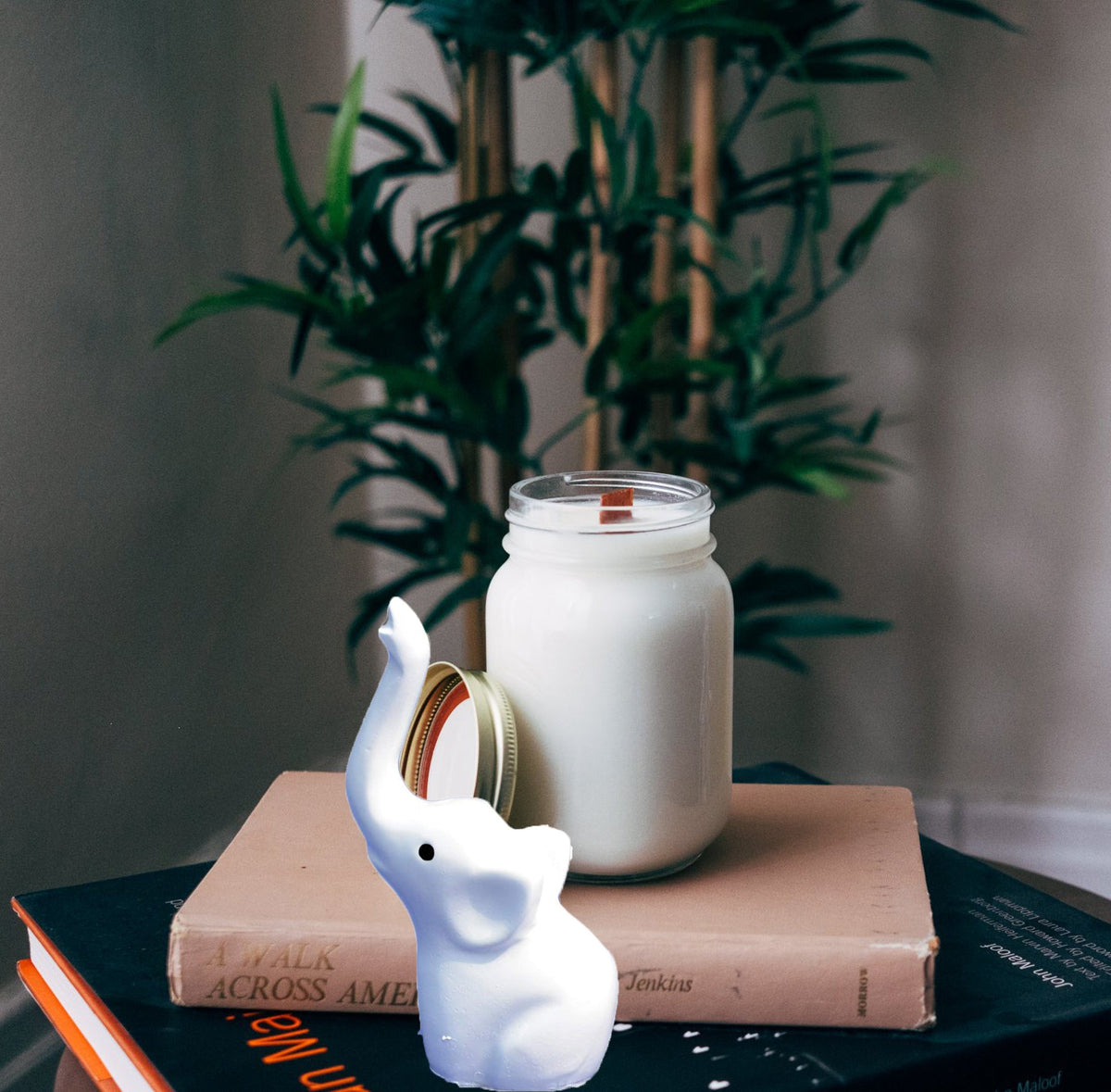 Vibhsa Baby Elephant Ring Holder white ceramic jewelry organizer beside a candle on books on Tampa Home & Garden Store