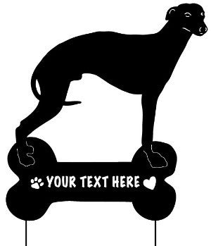 Whippet garden stake black metal hound dog lawn ornament by Rustica Ornamentals with YOUR TEXT HERE plaque on Tampa Home & Garden Store