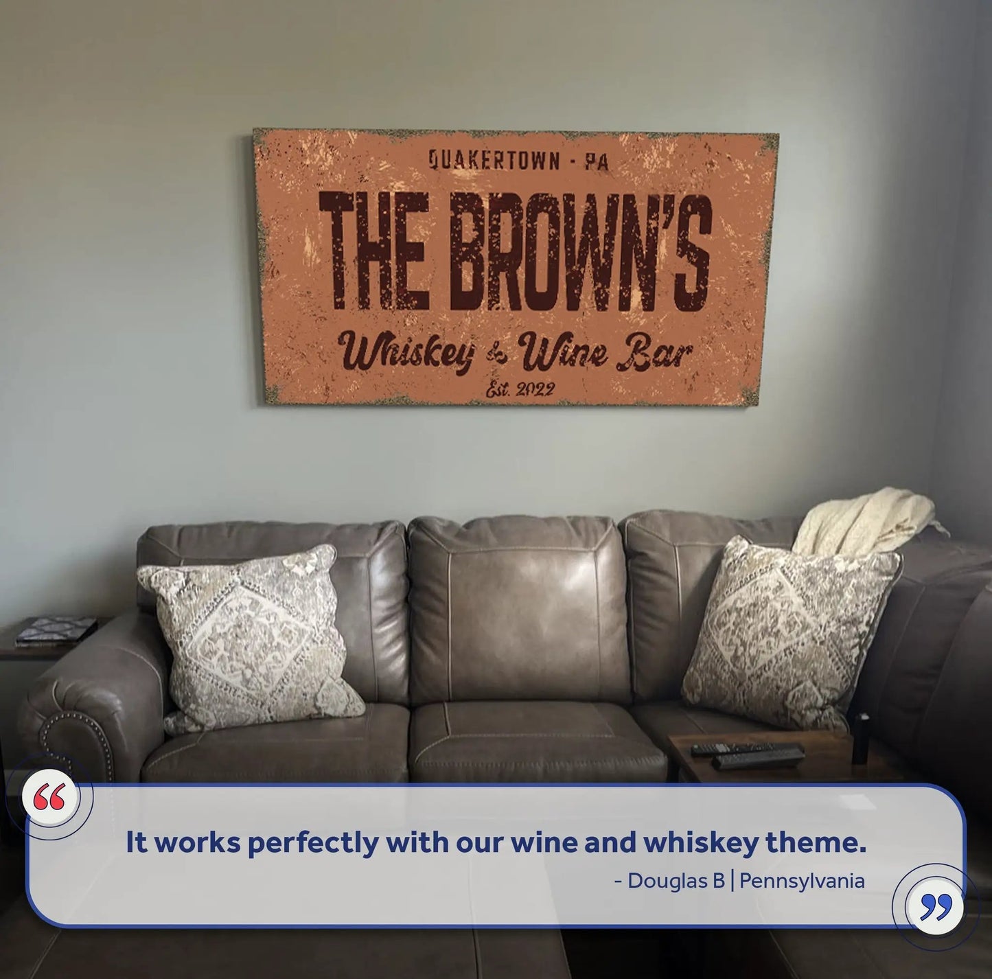 Whiskey and Wine Bar Sign II canvas by Tailored Canvases, distressed orange wall art on Tampa Home & Garden Store