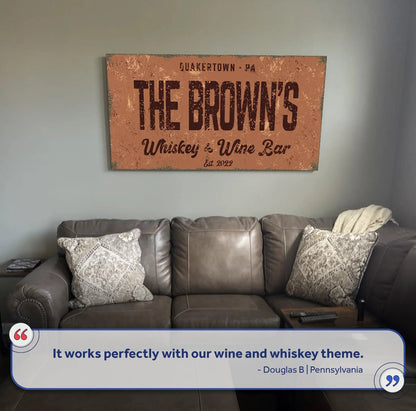 Whiskey and Wine Bar Sign II canvas by Tailored Canvases, distressed orange wall art on Tampa Home & Garden Store