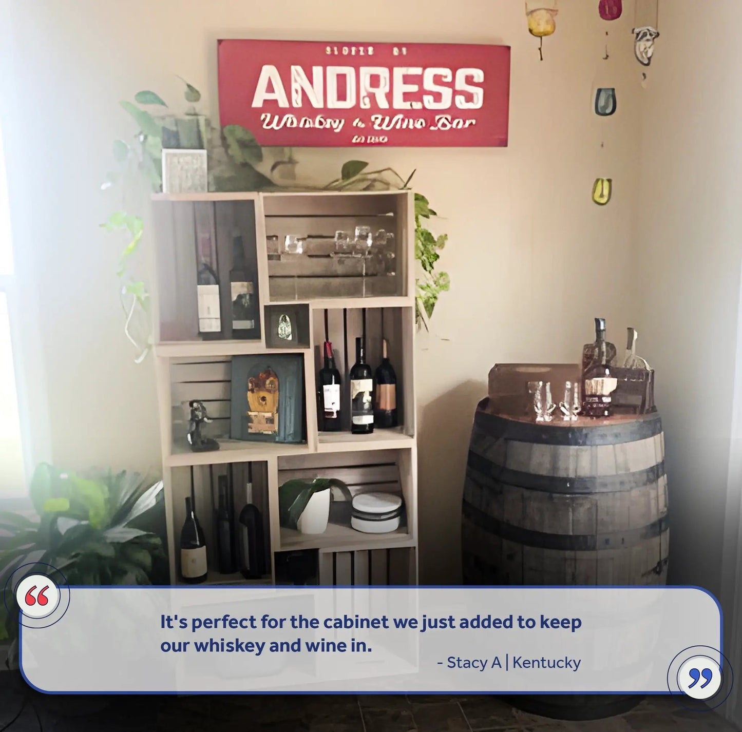 Whiskey And Wine Bar Sign III canvas in red with white lettering above wine bottles on Tampa Home & Garden Store