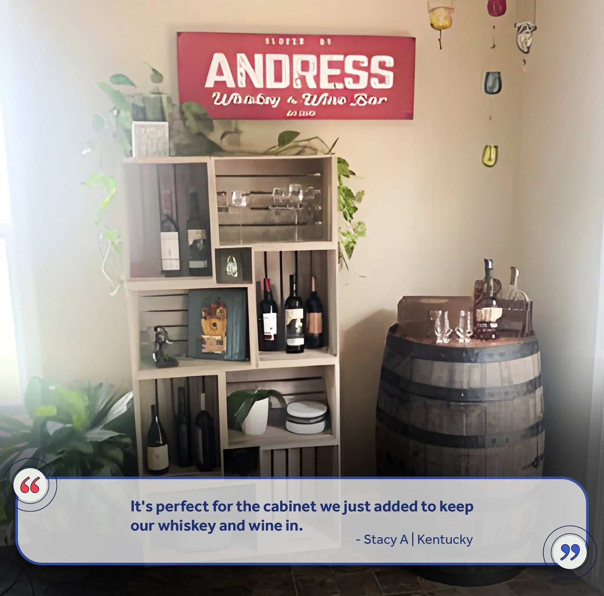 Whiskey And Wine Bar Sign III canvas in red with white lettering above wine bottles on Tampa Home & Garden Store