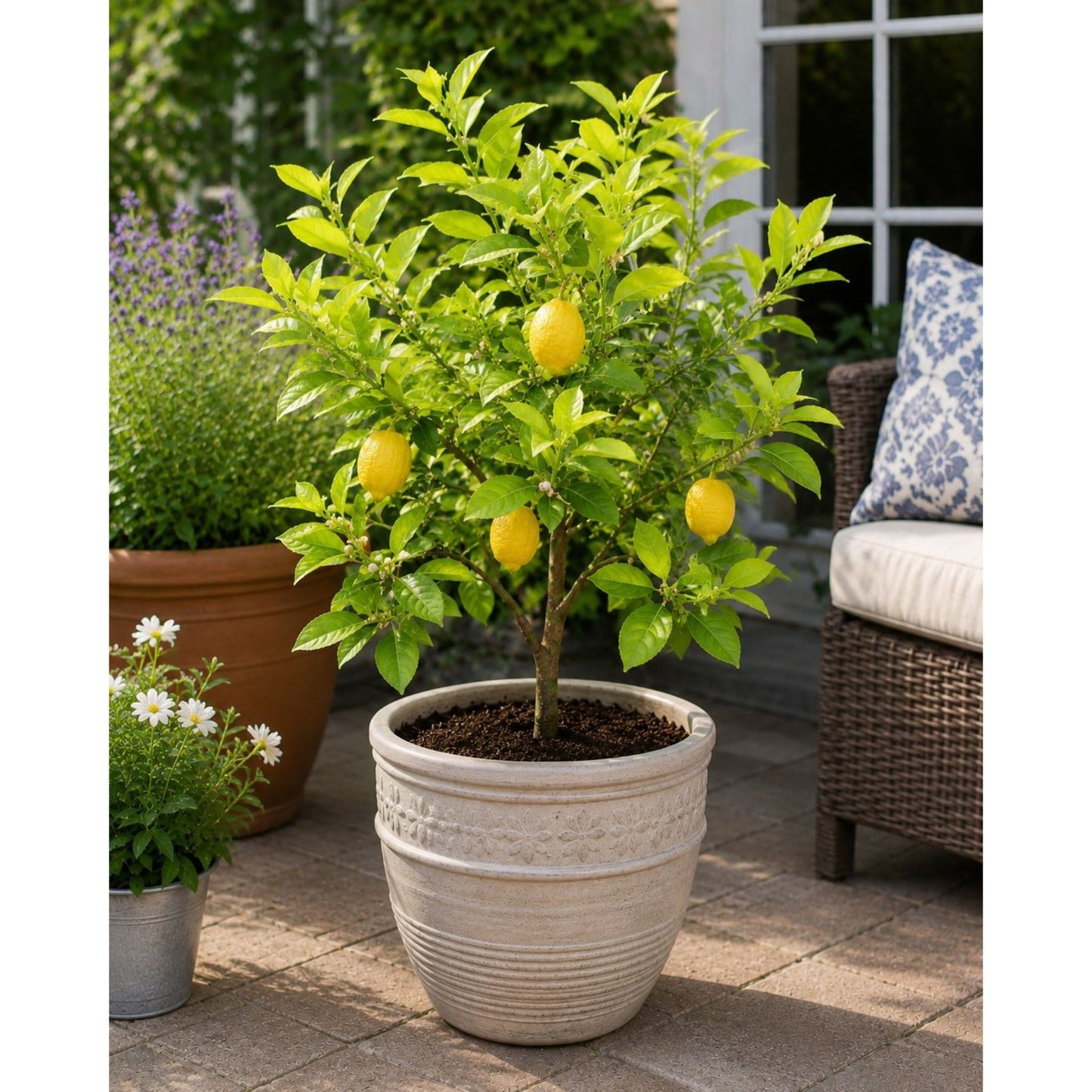 Harvey Lemon Tree (FL) in a light-gray ceramic pot with green leaves and lemons on a sunny patio on Tampa Home & Garden Store