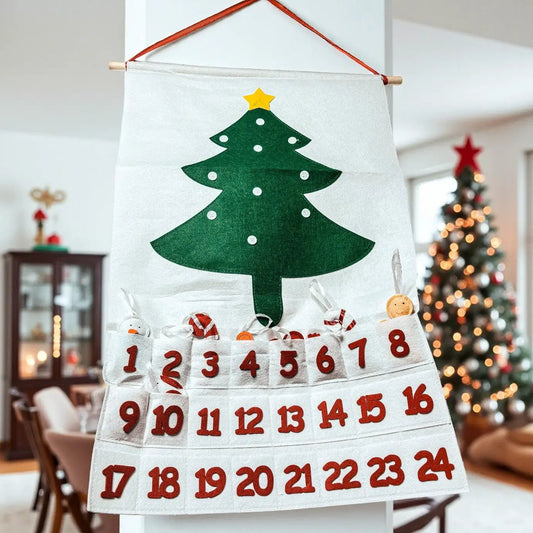 Felt Christmas Advent calendar Gia Roma with green tree and red-numbered pockets on white felt on Tampa Home & Garden Store