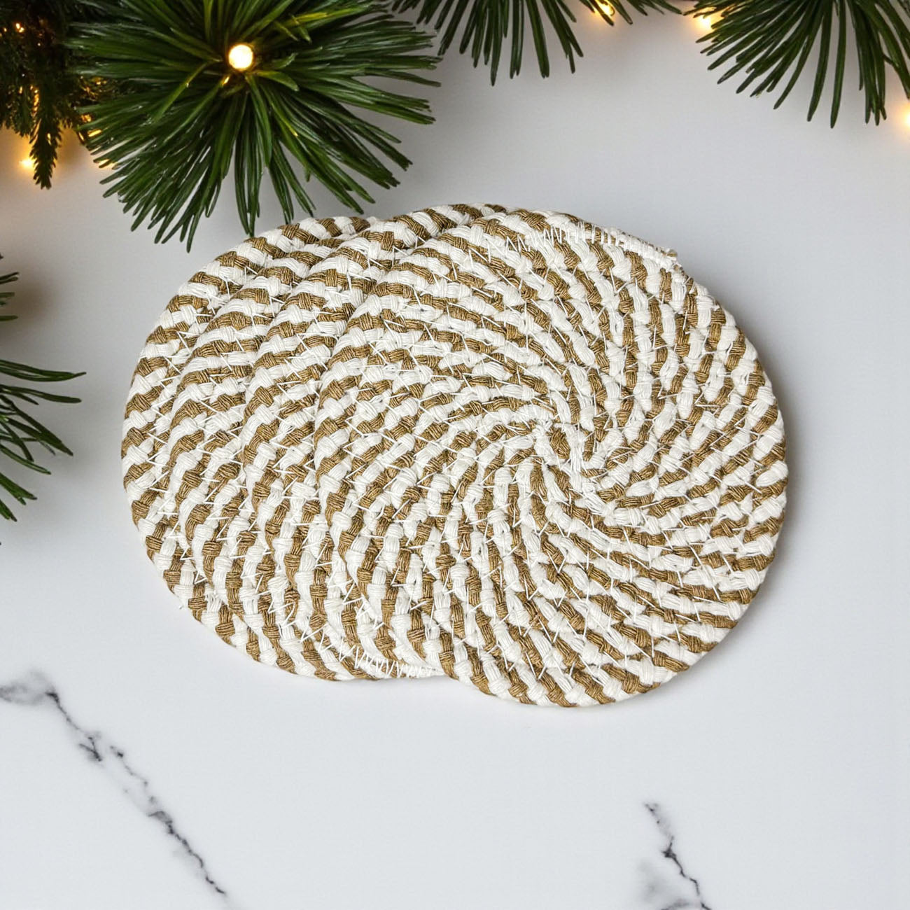 Fall Fabric Coasters round woven natural jute with white braid, set of 2 on Tampa Home & Garden Store