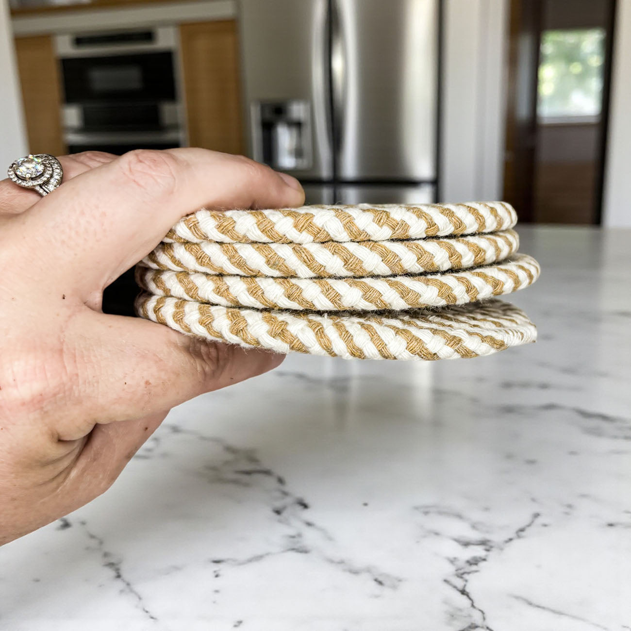 Fall Fabric Coasters by Gia Roma, beige white braided rope, 4-piece set on Tampa Home & Garden Store