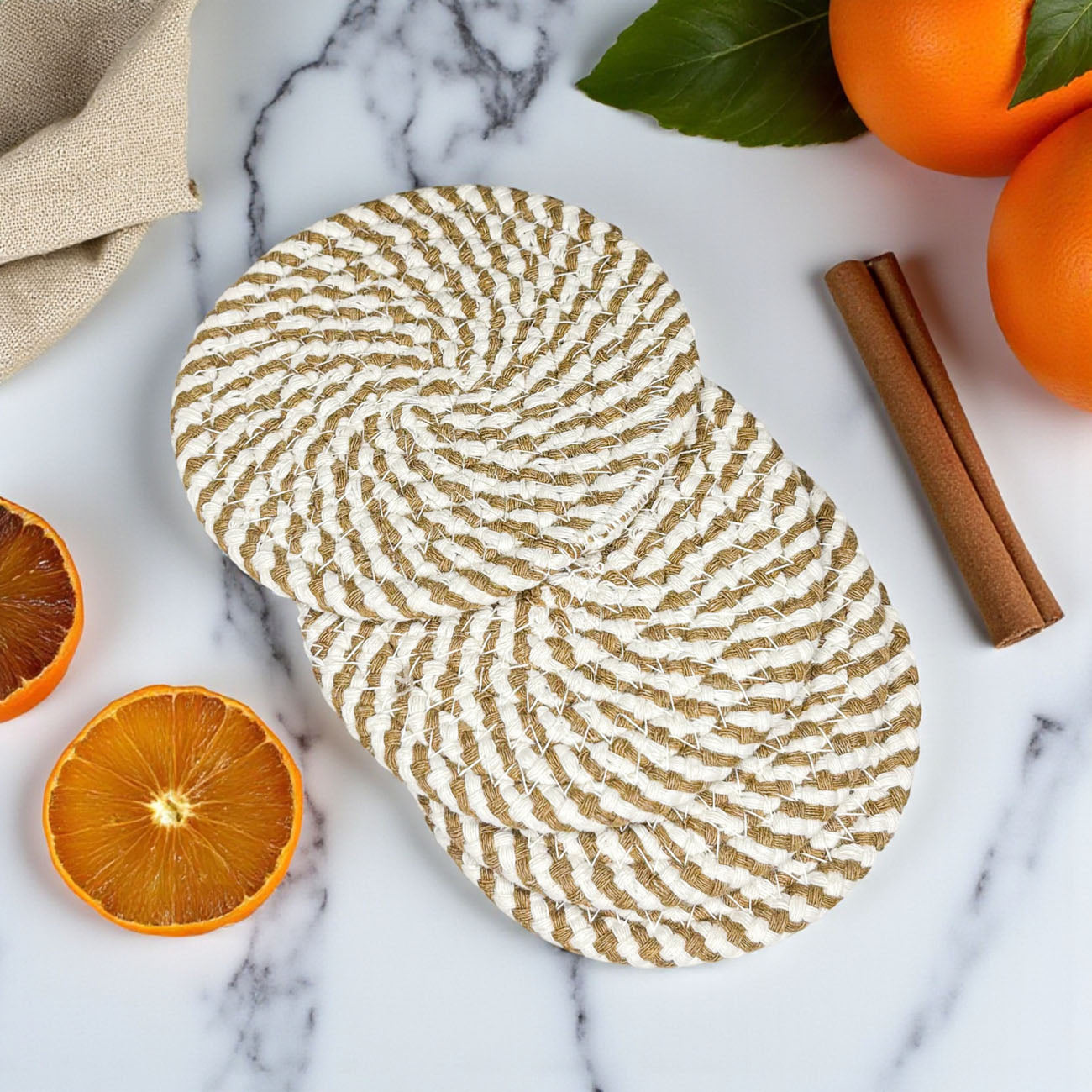 Fall Fabric Coasters Gia Roma, oval woven jute and cotton, beige with white accents, 2 pc on Tampa Home & Garden Store