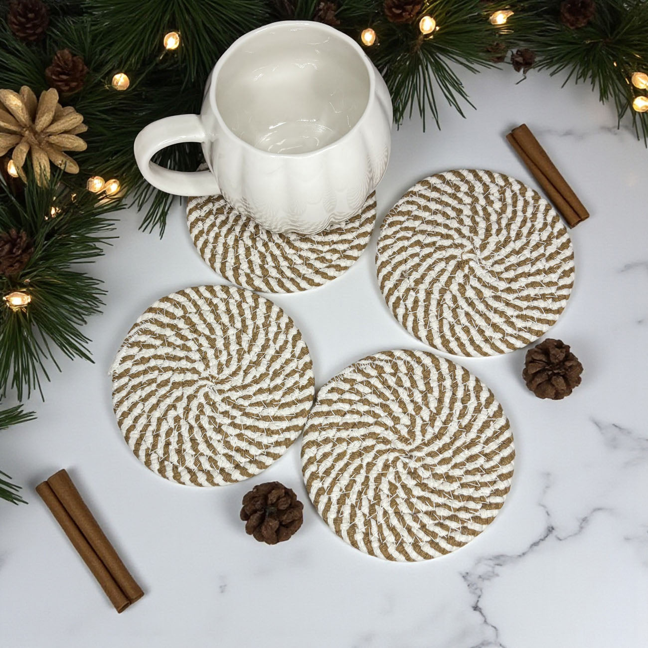 Fall Fabric Coasters Gia Roma set of 4 round tan and white jute rope coasters on Tampa Home & Garden Store